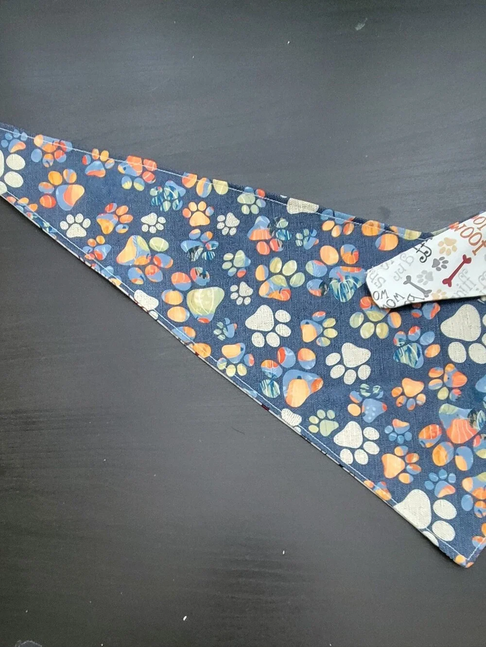 Handmade Reversible Dog Bandana - Navy Paw Prints & White 'Woof' Pattern